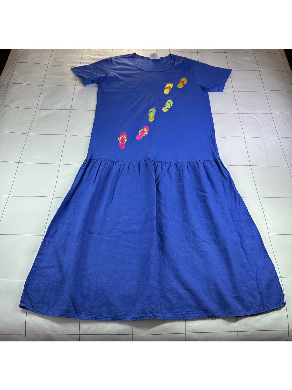 Johnny Was Vintage T-Shirt Dress Womens Small Blue Flip Flop Maxi Embroidered